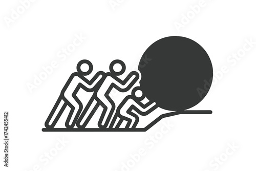 Teamwork concept illustration, people pushing large stone uphill, cooperation icon, group effort and unity symbol, business teamwork vector, collaborative success concept, transparent background