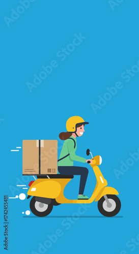 A female courier in a yellow helmet rides a matching scooter, quickly delivering a large cardboard package.