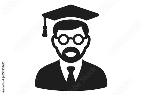 University professor icon with glasses and graduation cap, educator silhouette vector, academic teacher symbol, education and knowledge concept, professional man with tie, transparent background