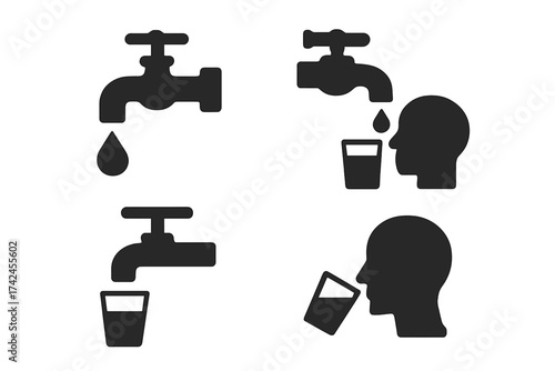 Vector water tap icons set with drinking water symbols, glass and human head silhouette, liquid drop, clean water concept, faucet illustrations on transparent background