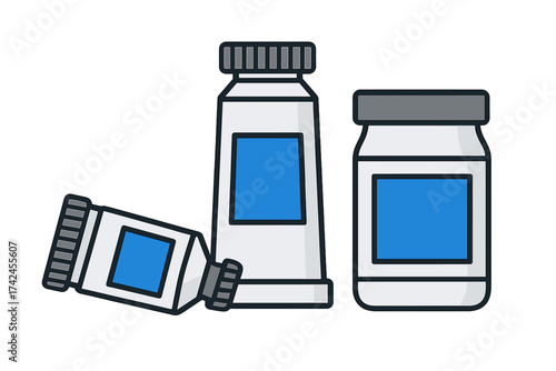 Watercolor paint tubes and palette icon vector illustration set with transparent background, artistic tubes and jar design for painting supplies, art tools collection