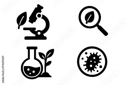 Set of vector icons with microscope, magnifying glass leaf, science flask, and bacteria petri dish, black silhouette shapes on transparent background, scientific research and biology analysis symbols