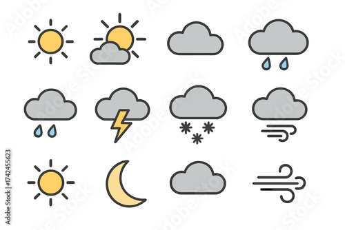 Weather forecast icon set vector illustration with sun, clouds, rain, thunderstorm, snow, wind, and moon symbols on transparent background, ordered weather elements collection