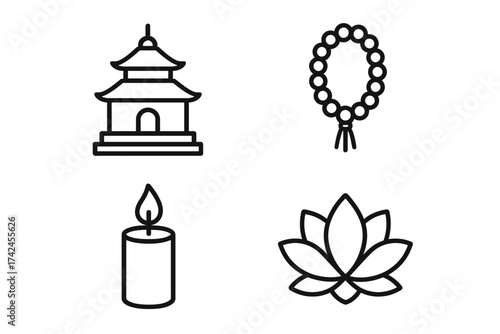 Minimalist icon set: pagoda, prayer beads, candle, lotus symbol