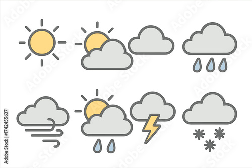 Weather vector icons set with transparent background, sun, clouds, rain, wind, thunderstorm, snow, sunny, cloudy, precipitation, meteorology, forecast symbols, seasonal weather elements