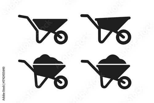 Wheelbarrow vector icon set, construction and gardening tools silhouette, black wheelbarrow symbol with and without load, garden equipment icons, work and transport illustrations