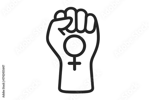 Feminism power fist with female gender symbol, feminist activist icon, strong woman symbol illustration, equality and women's rights vector graphic with transparent background