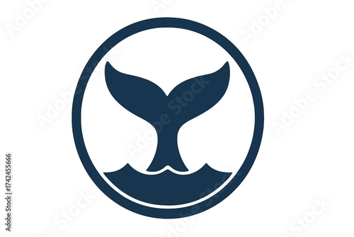 Whale tail icon silhouette in circle frame, marine wildlife symbol, ocean animal tail fin, sea life vector illustration isolated on white transparent background, nature design
