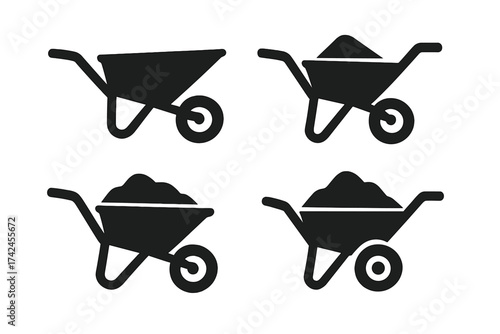 Wheelbarrow icon vector set, construction tool simple black silhouettes, garden, building, carrying soil and materials, transparent background, ordered illustrations for design