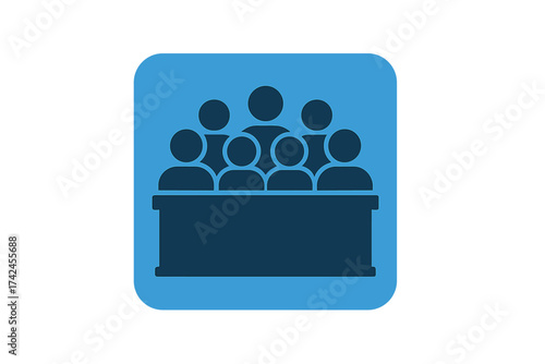 Jury group committee icon with jurors sign on blue background, vector illustration of jurors sitting behind panel, courtroom, justice, legal process, transparent background