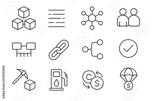Icon collection: blockchain, network, and cryptocurrency elements