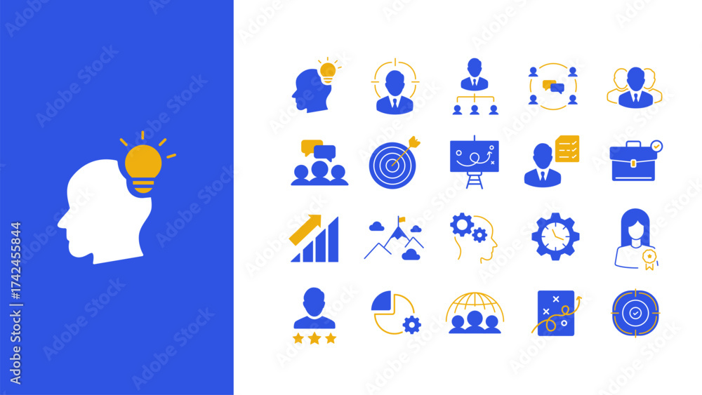 Fototapeta premium Business management and leadership icon set. Collection of blue and yellow icons representing strategy, planning, teamwork, goal achievement, and communication. Flat vector illustration for corporate,