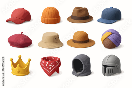 Collection of colorful hats and headgear: baseball cap, beanie, fedora, turban, crown, helmet