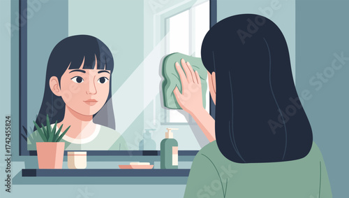 A young woman cleans the mirror in the bathroom as part of household chores and maintaining hygiene at home.