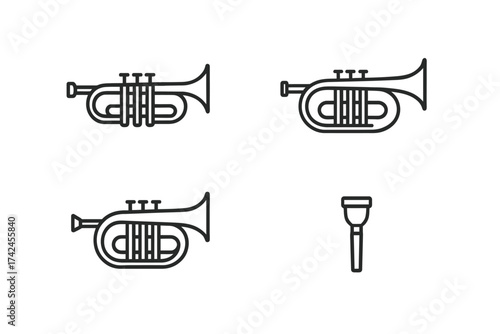 Simple trumpet icon set featuring three valve horns and mouthpiece