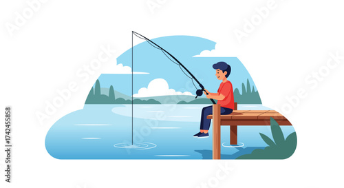 Boy Fishing on Wooden Dock by Lake in Flat Cartoon Style
