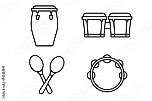 Outline illustrations of conga, bongos, maracas, and tambourine percussion instruments
