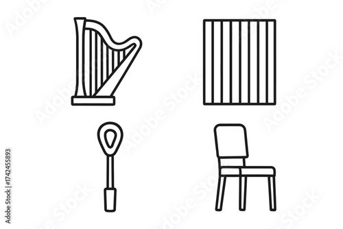 Minimalist icon set: harp, shovel, window, chair in black outline style