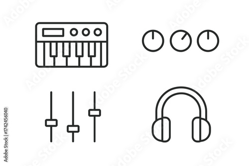 Minimalistic music equipment icons: keyboard, knobs, faders, headphones