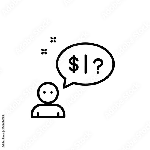 Minimalist Vector Icon Illustration of Person with Speech Bubble Questioning Dollar Amount Financial Literacy Concept