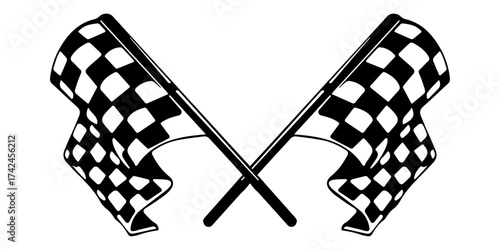 Image features two checkered flags crossed over each other. The flags are black and white, with a classic checkered pattern.