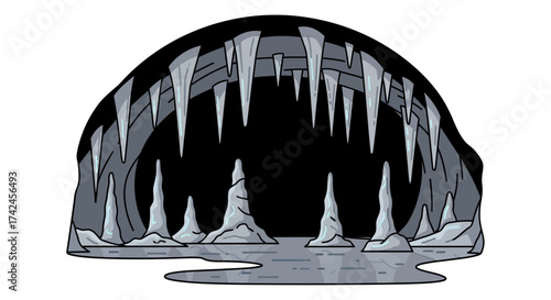 Mysterious cavern entrance with jagged formations, illuminated by faint light creating a surreal