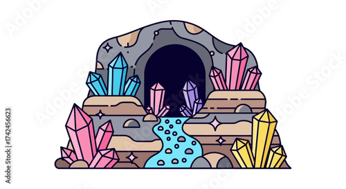 Enchanting crystal cavern with a tranquil stream a mystical geological wonder illustration