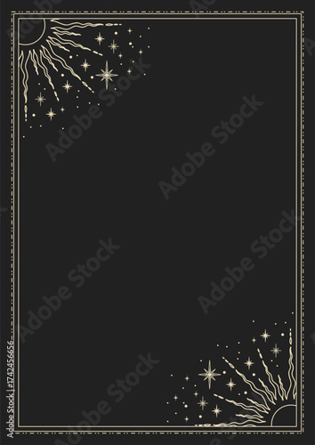 Vector mystic celestial frame with stars, sun and a copy space. Banner with an elegant border and a place for text