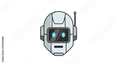 Minimalist digital illustration of a stylized robotic head with glowing eyes and antenna