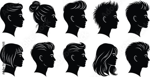 Silhouette hairstyle collection, men and women profile, modern haircut styles, trendy fashion illustration, beauty design, elegant barber vector art, style concept
