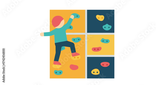 Illustration of a child climbing a colorful indoor rock climbing wall design fun activity