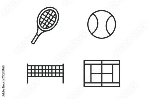 Line icons of tennis equipment and court layout