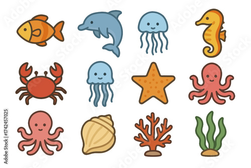 Cartoon sea creatures collection featuring fish dolphin jellyfish seahorse crab octopus