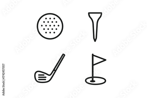 Minimalist golf icons set: ball, tee, club, hole