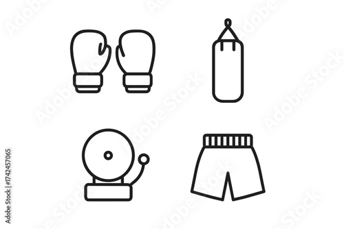 Outline icons of boxing equipment: gloves, bag, bell, shorts