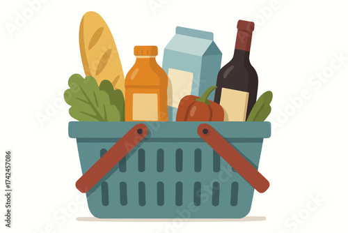 Grocery basket with bread, juice, milk, wine, vegetables, and fruit