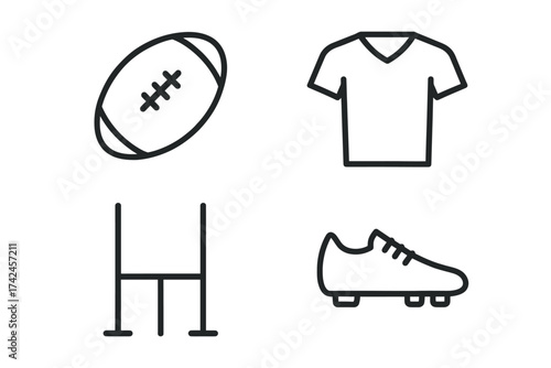 Rugby equipment icons: ball, jersey, goalpost, cleats in simple illustration