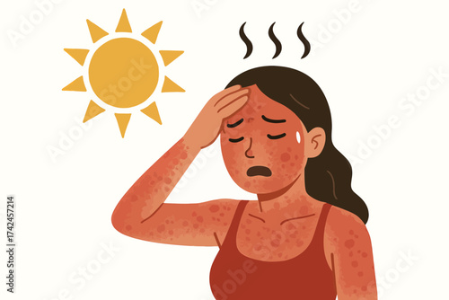 Female experiencing heat rash under sun with visible discomfort