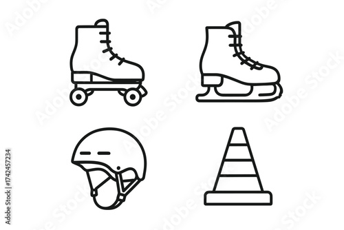 Outline icons of roller skates, ice skates, helmet, and traffic cone