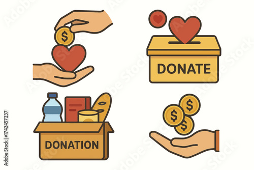 Charity donation icons: hands with hearts, boxes, and coins