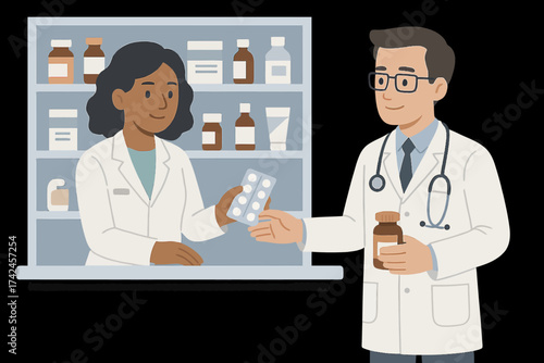 Male doctor and female pharmacist exchanging medication in pharmacy setting