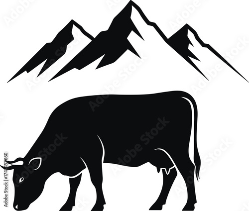 Black cow silhouette grazing under mountain range, minimalist livestock vector illustration, farm animal design, rural landscape agriculture art for branding