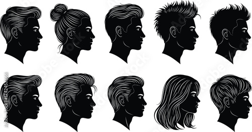 Silhouette hairstyle profile collection, men and women haircut styles, modern fashion silhouettes, barber design art, trendy hair illustration, beauty concept
