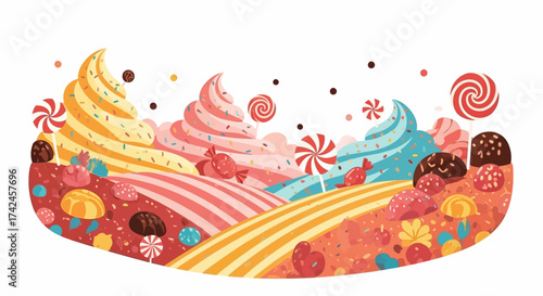 A Sweets Paradise: Whimsical Candy Land Illustration with Colorful Treats and Dreamy Landscapes