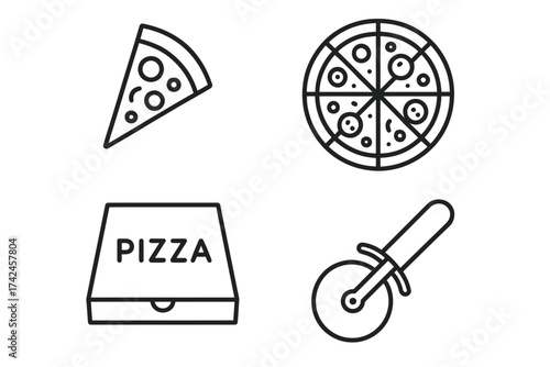 Pizza icons set: slice, whole pizza, box, cutter in outline style