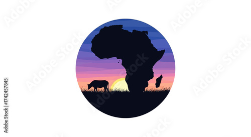Serene african landscape with grazing animal silhouette against colorful sky artwork