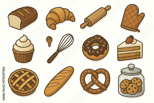 Assorted baked goods: bread, pastry, doughnut, pie, cookie jar, and kitchen tools