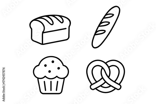 Outline icons of baked goods featuring bread, baguette, cupcake, and pretzel
