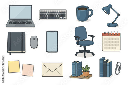 Organized office: laptop, keyboard, coffee, and stationery essentials collection