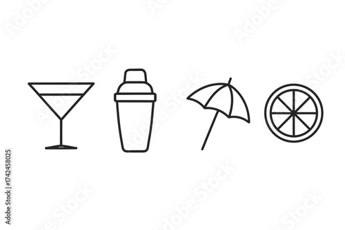 Minimalist line icons of cocktail glass, shaker, umbrella, and citrus slice